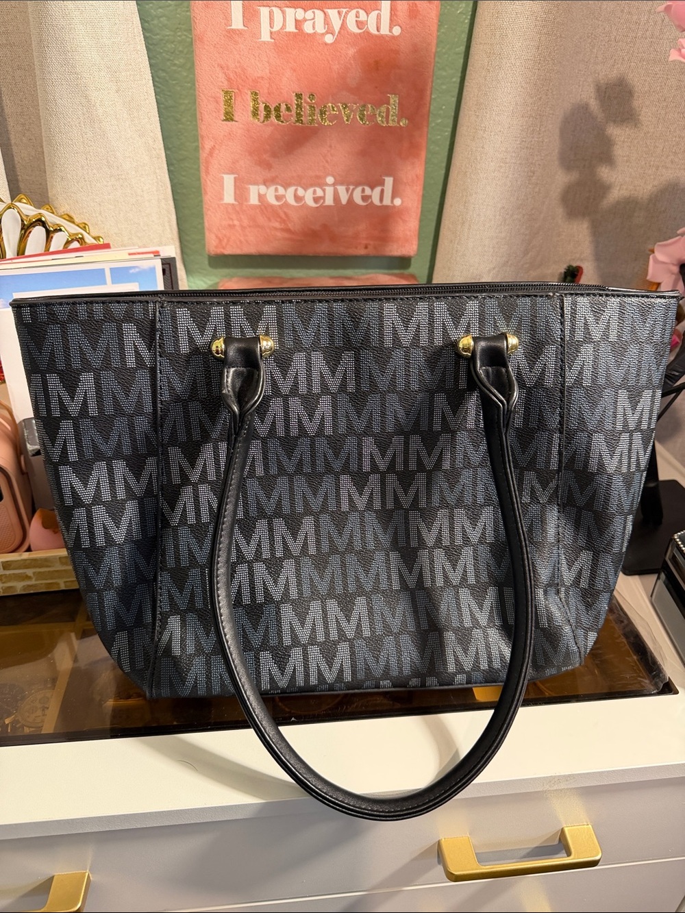 Michael Kors Black and Gray MM Logo Tote